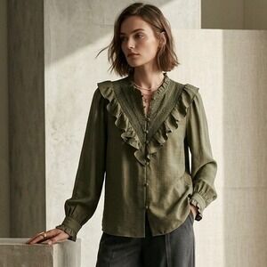 Andy & Lucy Paris Olive Green Ruffle Smocked Cotton Blouse Top - Size Medium